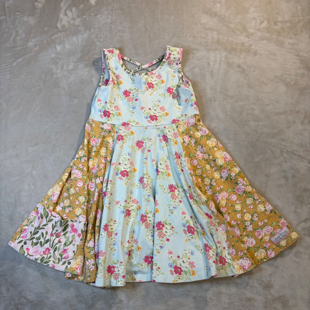 SweetHoney Girls Floral Mixed Print Sleeveless Twirl Dress Blue Yellow Pink